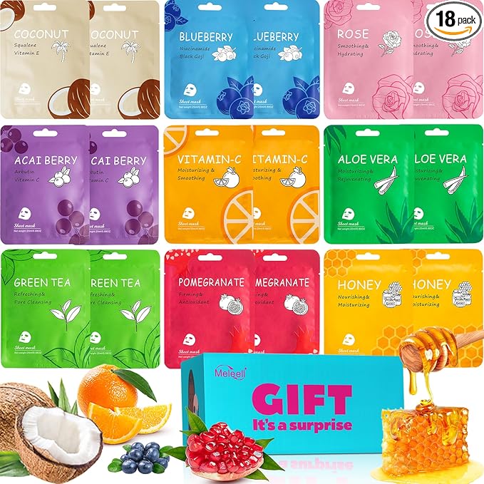 18 Pack Collagen Face Masks Skincare Bulk,Hydrating Spa Face Mask Beauty for Sensitive Skin,Sheet Mask for Skin Care, Facial Mask Sets Birthday Party Gifts for Women/Teen Girls/Kids
