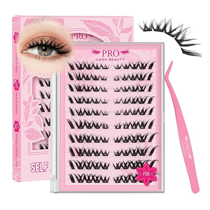 PROLASHBEAUTY Self Adhesive Eyelashes Fox Lash Clusters Self Adhesive Lashes No Glue Needed Lashes 10-16MM Pre Glued Eyelashes Clusters with Anti-Stick Tweezer(Fox,10-16mix)