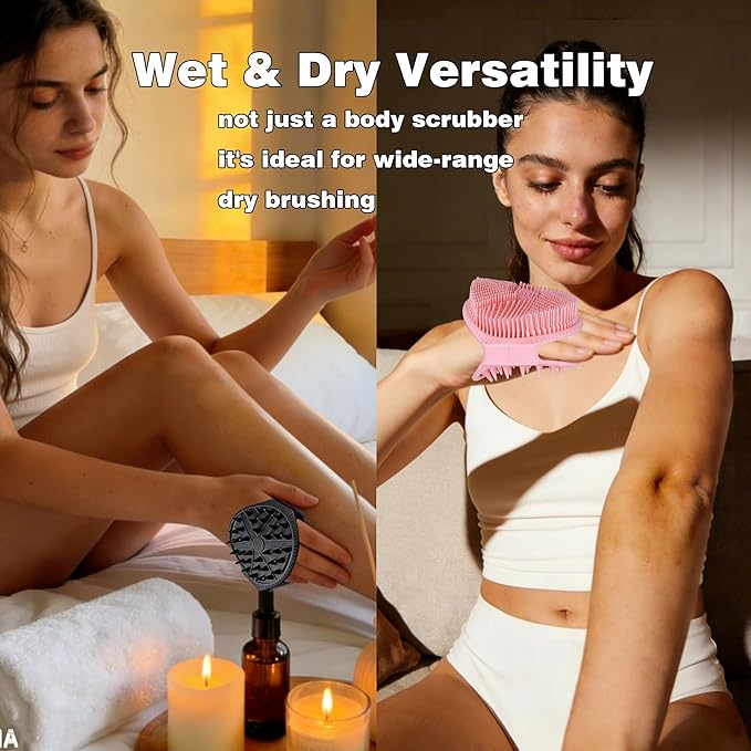 Silicone Body Scrubber for Men Women, Dual-Sided Bath Brushes Gentle Exfoliating Body Scrubber Scalp Massager for Deep Cleansing, Soft Silicone Loofah Body Washing Brushes (Black+Pink)