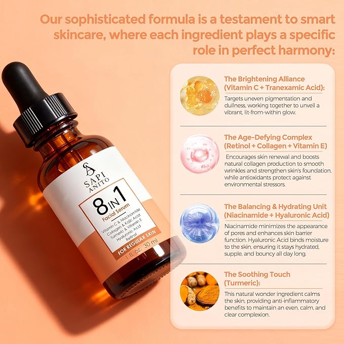 Sapi Anito 8-in-1 Facial Serum for Regular Skin, 1 fl oz (30 ml) – Vitamin C, Niacinamide, Hyaluronic Acid, Retinol, Kojic Acid, Turmeric, Vitamin E & Collagen