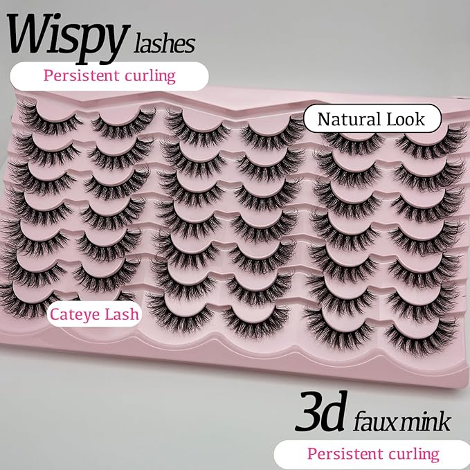 Natural Lashes Wispy Short Cat Eye False Strip Lashes Natural Look Cateye D Curl Lash Strips Fluffy Faux Mink False Eyelashes Pack