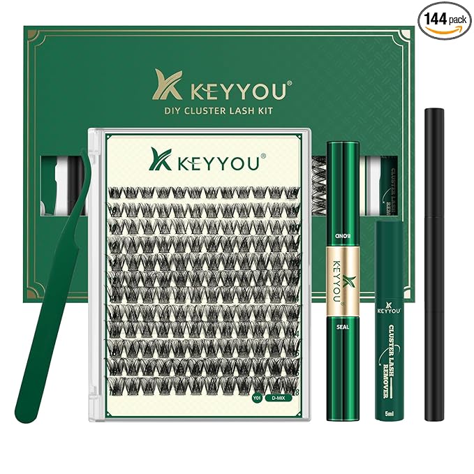 KEYYOU Lash Clusters Kit Natural Wispy DIY Lash Extension Kit 144pcs Lashes Clusters Eyelash Extension with Mascara Brush Bond and Seal Glue Remover Applicators and Brush for Lashes Extensions (Y01)