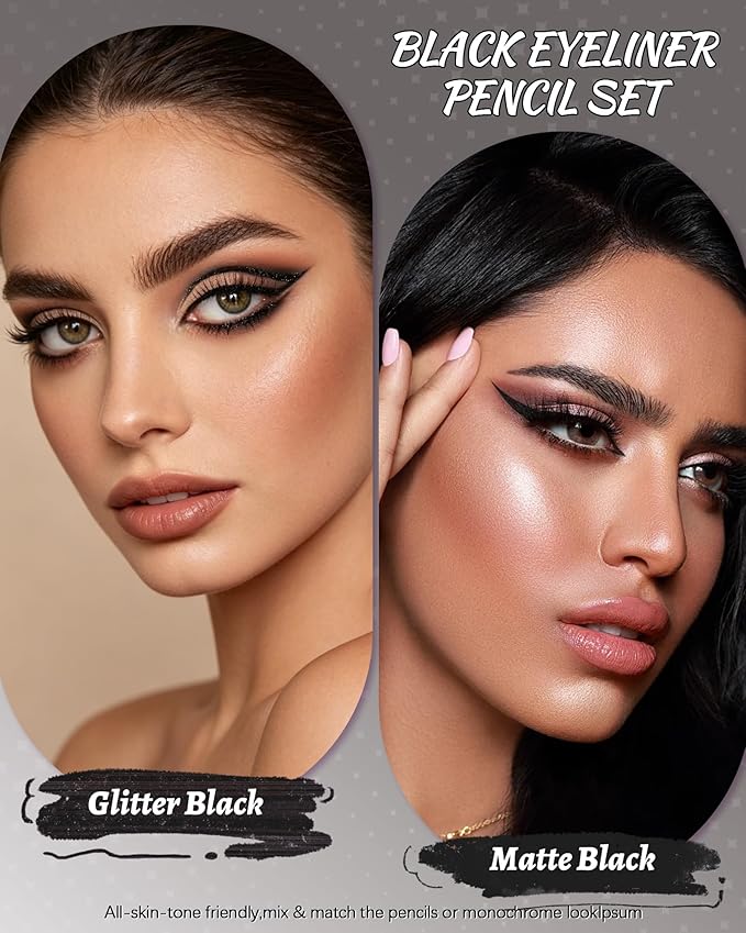2 PCS Black Eyeliner Pencil Set, Matte & Glitter Gel Eyeliner Pencil kit, Waterproof & Smudge-proof Waterline Eye Liner Pen Beauty Makeup for Mature Women, Girls, Daily, Party, Halloween-Black Set