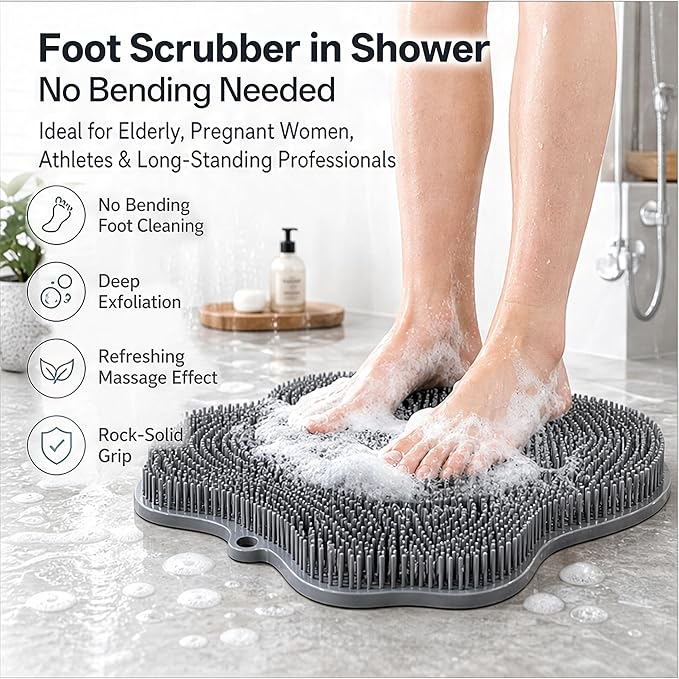 Dual-Sided Silicone Shower Foot Scrubber Mat – Foot Scrubber in Shower for Deep Cleaning & Exfoliation | Wall-Mounted Shower Foot Scrubber Mat & Back Cleaner for Men and Women(Pink, Standard)
