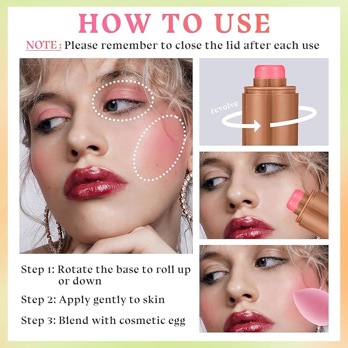 3PCS Blush Stick for Cheeks,Multi-use Solid Matte Makeup Stick Blush Cream for Cheek Eyes and Lips Tint,Moisturizing Tinted Cream Blush,Natural Blendable Cheek Blusher with 3 Makeup Sponges A1