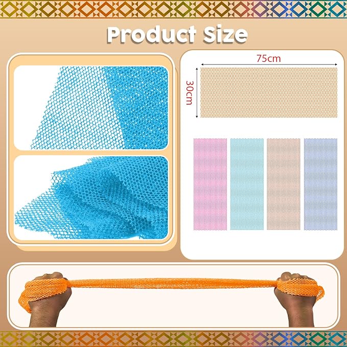 5 Pieces African Net Sponge – Deep Cleansing & Exfoliating Mesh for Glowing Skin – Stretchable, Quick-Dry Material for Daily Shower Use (Orange, Blue, Rose Red, Brown, Blue)