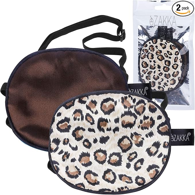 eZAKKA 2 Pieces Silk Eye Patch Medical Eye Patch for Adult Women Elastic Lazy Adjustable Single Eyepatch with Elastic Strap (L, Brown+Leopard)