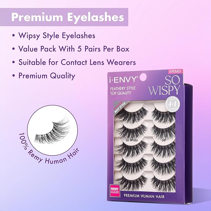 i•ENVY 5 Pairs So Wispy False Lashes, Premium Quality 100% Human Hair, Fluffy Feathered Eyelashes with Volume & Curl, Natural Look, Lightweight, Comfortable, Reusable for Everyday Wear