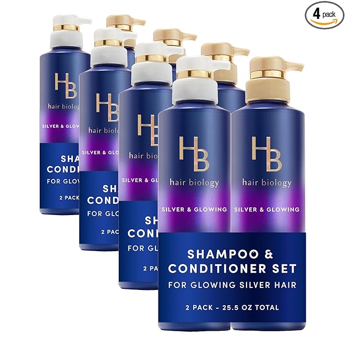 Hair Biology Biotin-Infused Purple Shampoo and Conditioner Set for Grey Hair, Anti-Brassiness, Moisturizing, Color-Safe, Silver & Glowing, Corrects Yellow Tones, 12.8 Fl Oz Each, 2 Count (Pack of 4)