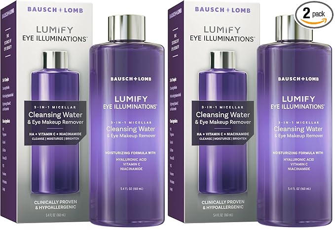 LUMIFY Eye Illuminations Cleansing Water&Eye Makeup Remover,3-in-1 Micellar Water Contains Hyaluronic Acid,Vitamin C&Niacinamide,Hypoallergenic,Removes Waterproof Makeup,5.4 Oz (160 mL),(Pack of 2)