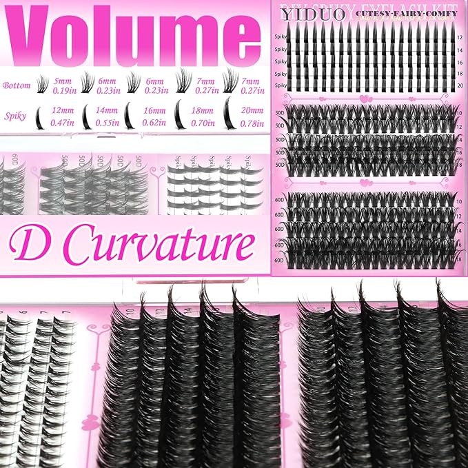 YIDUO Lash Clusters Kit with Spikes+Bottom Lashes Extensions 40D+60D+80D+100D Wispy Individual Cluster Eyelash Kit 600pcs Eyelash Cluster Extensions with Lash Bond and Seal Tweezers Remover