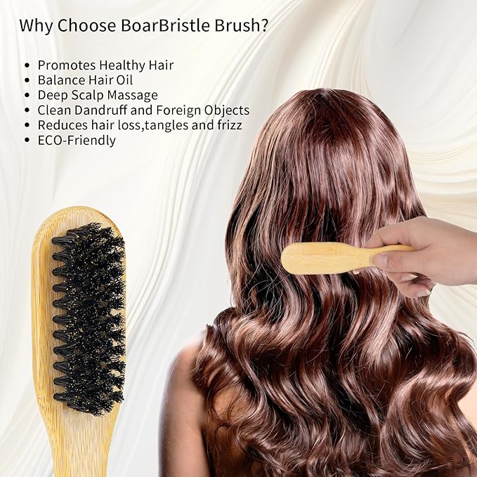 Bamboo Slick Back Hair Brush, Boar Bristle Smoothing Hair, Anti Frizz, Edge Control, Bamboo Hairbrush for All Hair Style-Mini Size