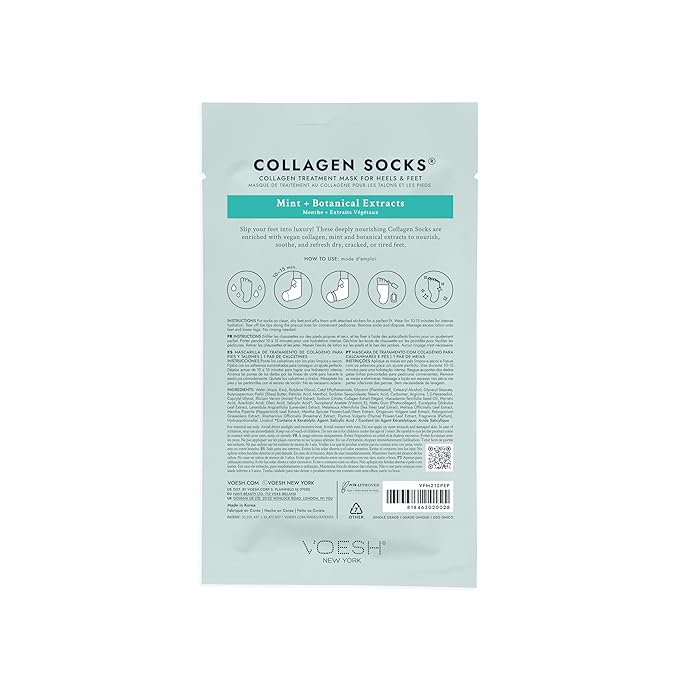 VOESH Collagen Socks, Collagen Socks for Dry Feet, 3 Pack, Peppermint Oil, Cracked Heel Repair, Moisturizing Socks, Spa Pedicure Treatment, Spa Socks, Foot Peel Masks, Vegan