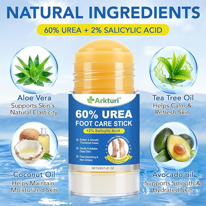 Urea Cream 60% with Salicylic Acid 2% Urea Foot Care Stick, Foot Cream for Dry Cracked Feet, Heels, Knees, Hands, Elbows, Feet Moisturizer Stick for Callus Remover & Skin Softener (40g (Pack of 1))