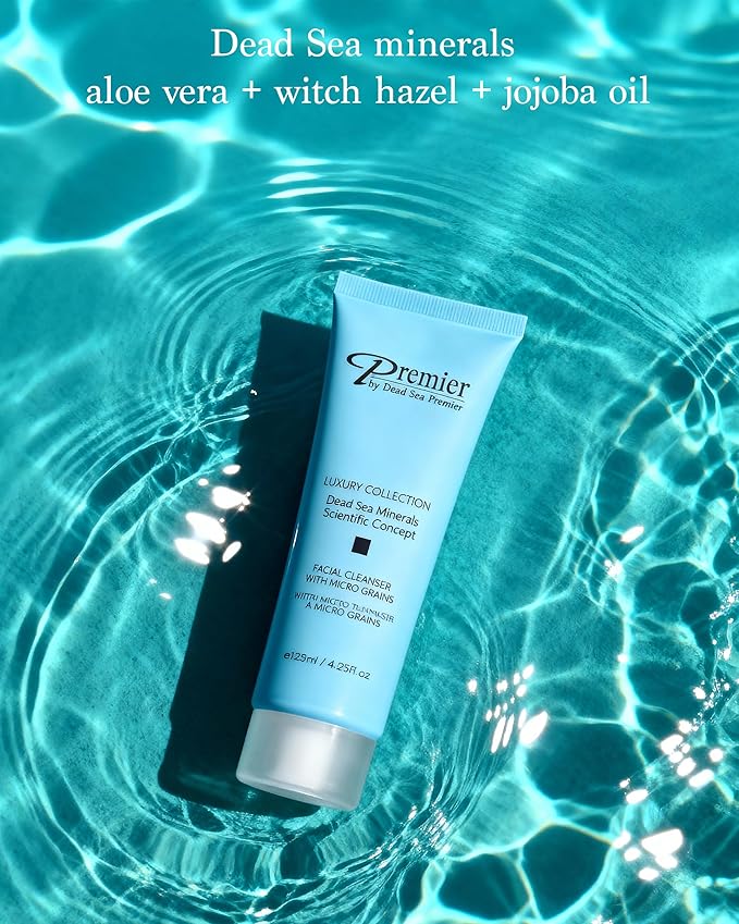 Premier Dead Sea Facial Cleanser with Micro Grains, Luxury collection foaming face wash, daily use skin care, nondrying, Skin Care with aloe vera, witch hazel, Dermatologist Tested 4.4fl oz