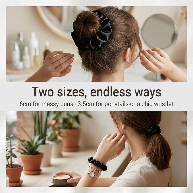ZLYC 100% Mulberry Silk Hair Tie Scrunchie 19 Momme Gentle Creaseless Dent-Free Ponytail Holder for Women, 6cm Solid Black