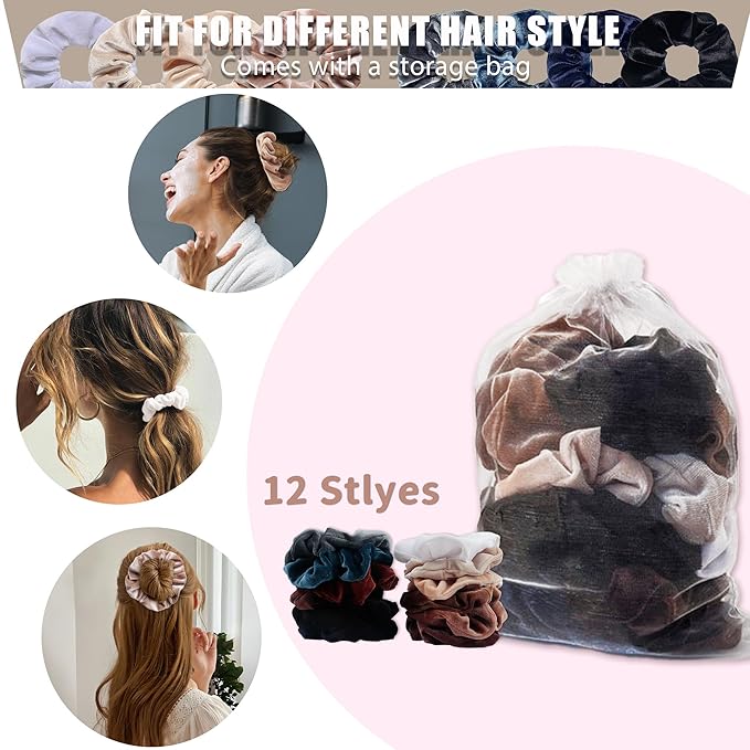 12 Pcs Scrunchies for Women, Velvet Scrunchies for Hair, Soft Hair Ties for Ponytail Holder, Cute Elastic Hair Bands for Girls(Vintage Brown)