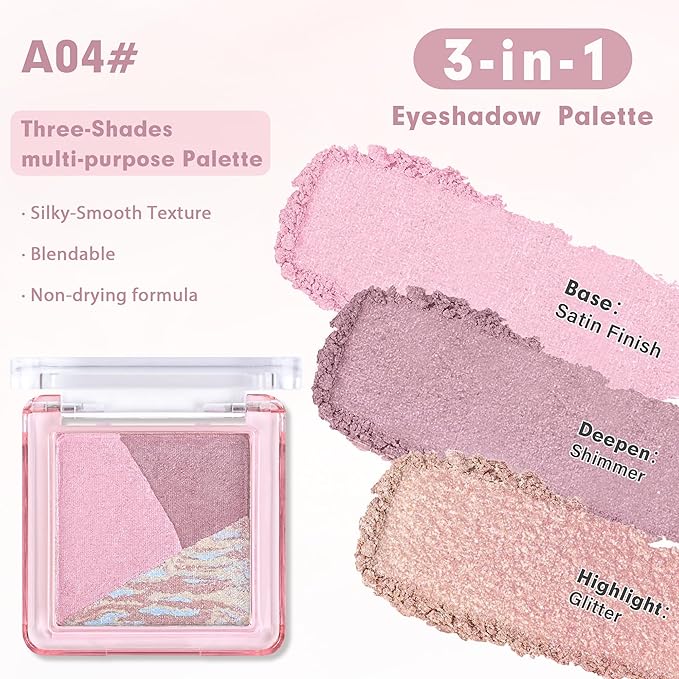 Eyeshadow Palette-Mini 3-in-1 Eye Shadow Powder Palettes Makeup-Matte&Shimmer Baked Eye Shadow for Women，paleta de sombras de ojos，Buildable Smooth Silky Waterproof for Daily Looks，04 Mauve Lavender