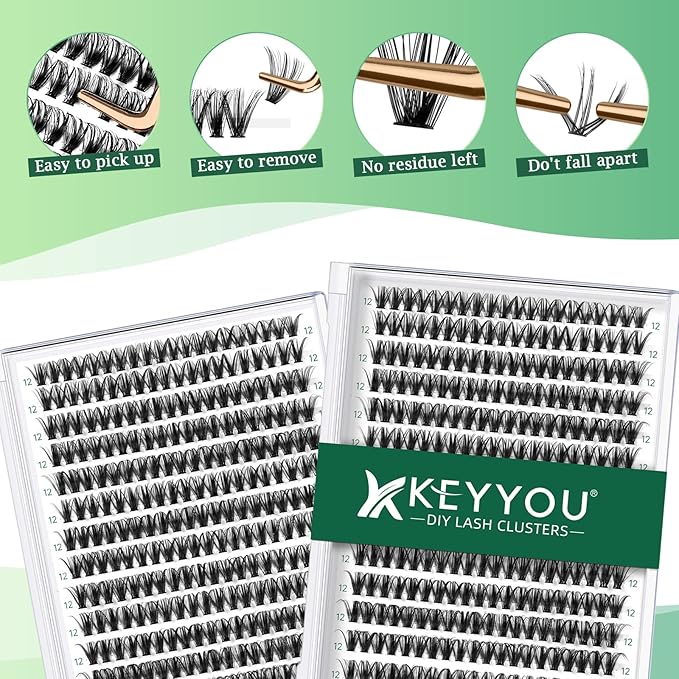 KEYYOU Lash Clusters 300pcs Individual Lashes, 40D 0.07D Curl 12mm DIY Eyelash Extension, Soft & Natural Volume Cluster Lashes with Large Tray