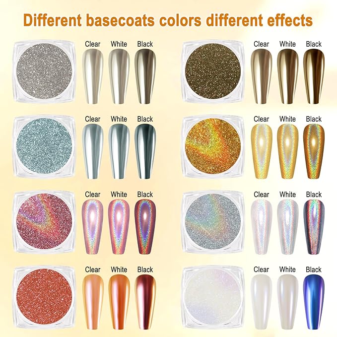 16 Jars Chrome Nail Powder Nail Art Glitter Decoration Metallic Mirror Effect Holographic Aurora Chameleon Pigment Powder Kit 0.35g/Jar Pearl for Resin Craft & Nail Art