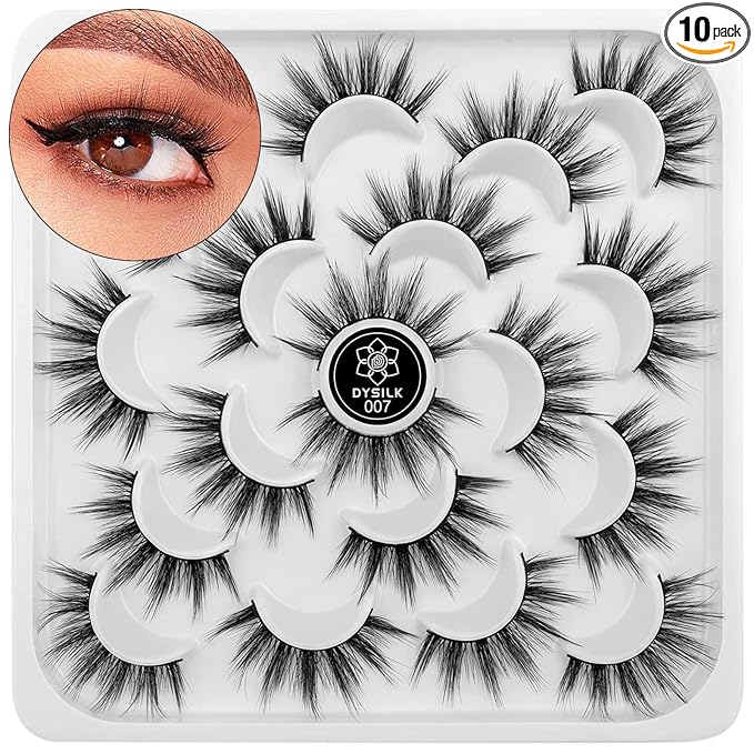 DYSILK Mink Lashes Fluffy Eyelashes - Fluffy Lashes 10 Pairs 6D Wispy Lashes Eye Lashes Pack Lashes Natural Look Reusable Mink False Eyelashes Wispy Fluffy Cat Eye Lashes | 17mm