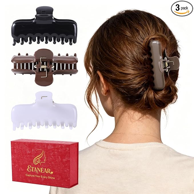 3Pcs Rectangle Hair Claw Clips for Women, 3.8" Premium PC Material Non-Slip Strong Hold Hair Claw for Thick Thin Hair, Durable Comfortable Jaw Clip Large Stylish Hair Accessories Gift Box Set
