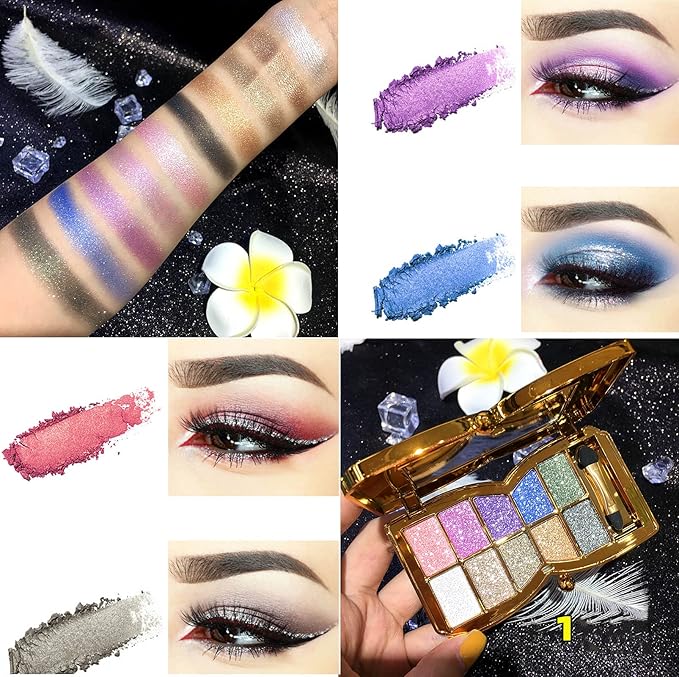 Glitter Eyeshadow Palette, 10 Colors Sparkle Shimmer & Matte Eye Shadow Highly Pigmented Waterproof Long Lasting Makeup Set (Color 1)