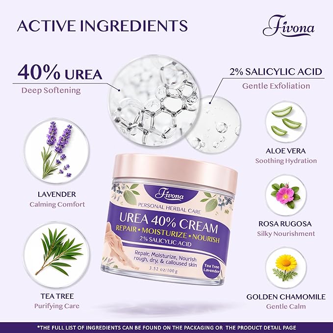 FIVONA 40% Urea Foot Cream for Dry Cracked Heels - Extra Strength Callus Softening Cream with 2% Salicylic Acid, Tea Tree & Lavender, 100g (3.5 oz)