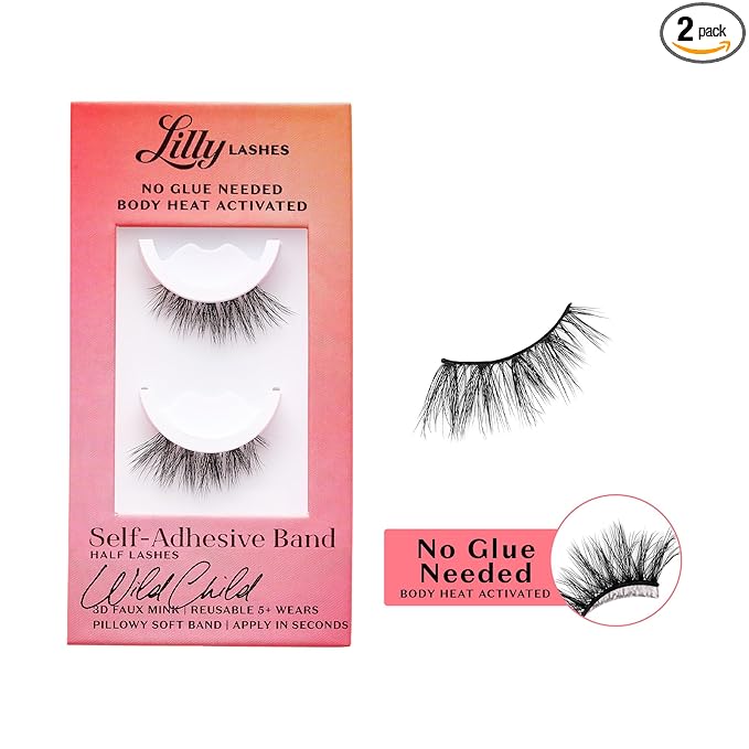 Lilly Lashes Self Adhesive Eyelashes (Half Lashes), No Lash Glue Needed, Body Heat Activated Press on Lashes, Reusable Self Adhesive Eyelashes Up to 5x, Easy to Apply & Remove (WildChild)