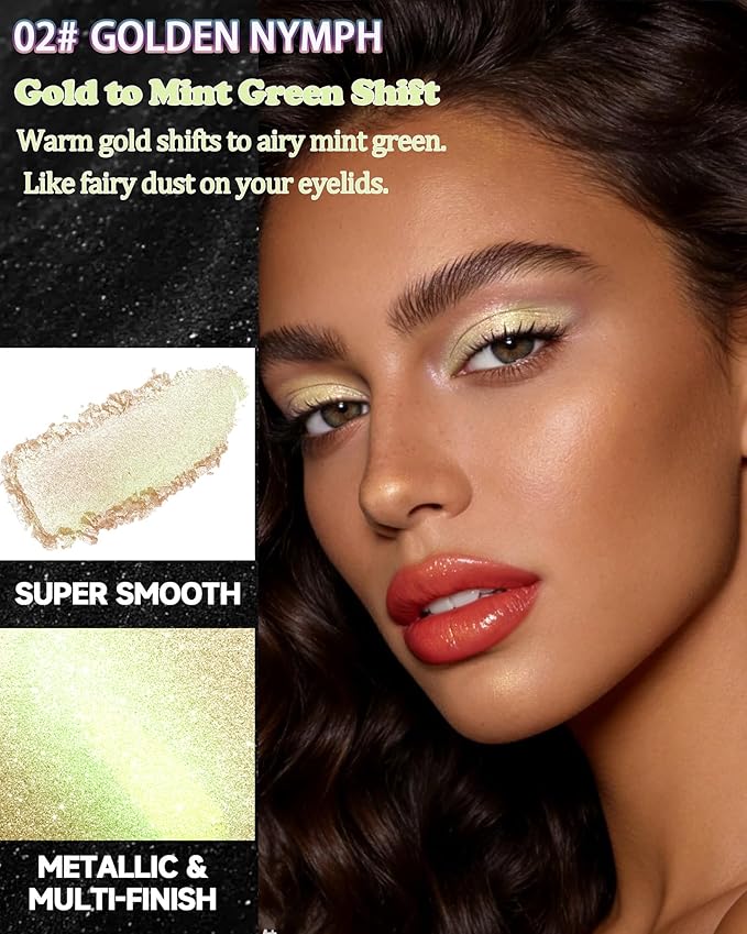 Chameleon Duochrome Glitter Eyeshadow Palette, Holographic Shimmer Single Eye Shadow Palettes, Color Shift Sparkle Iridescent, Multichrome Metallic Eye Brightener Highlighter Makeup-02 Golden Nymph