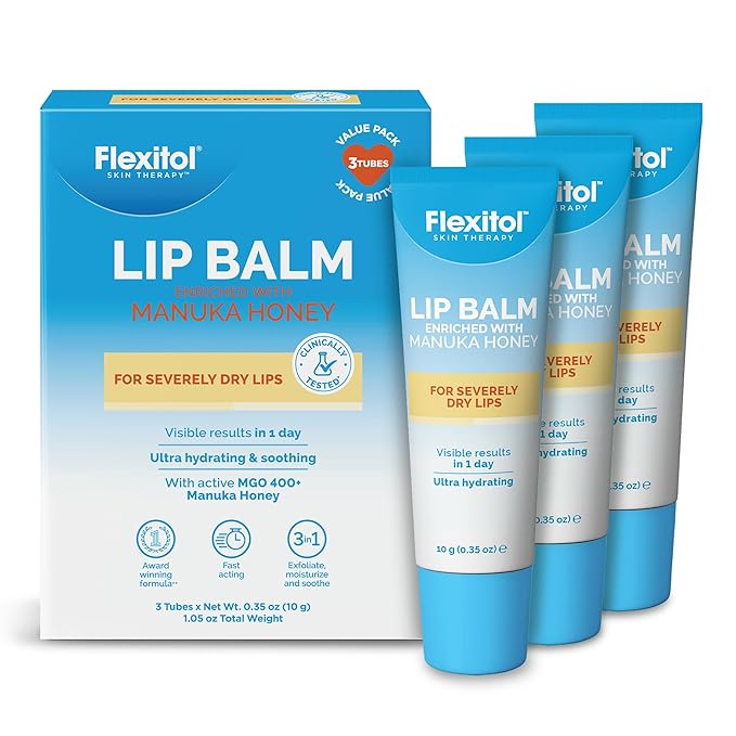 Flexitol Lip Balm with 400+ MGO Manuka Honey, Intensive Relief for Dry, Chapped Lips, Soothing, Long-Lasting Hydration, 3 Pack (0.35 oz Each), 1.05 oz Total