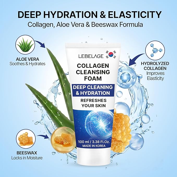 LEBELAGE Korean Collagen Facial Cleanser 3.38 oz | Cleansing Foam Face Wash | Low pH Gentle Hydrating Daily Facial Cleanser Sensitive Skin