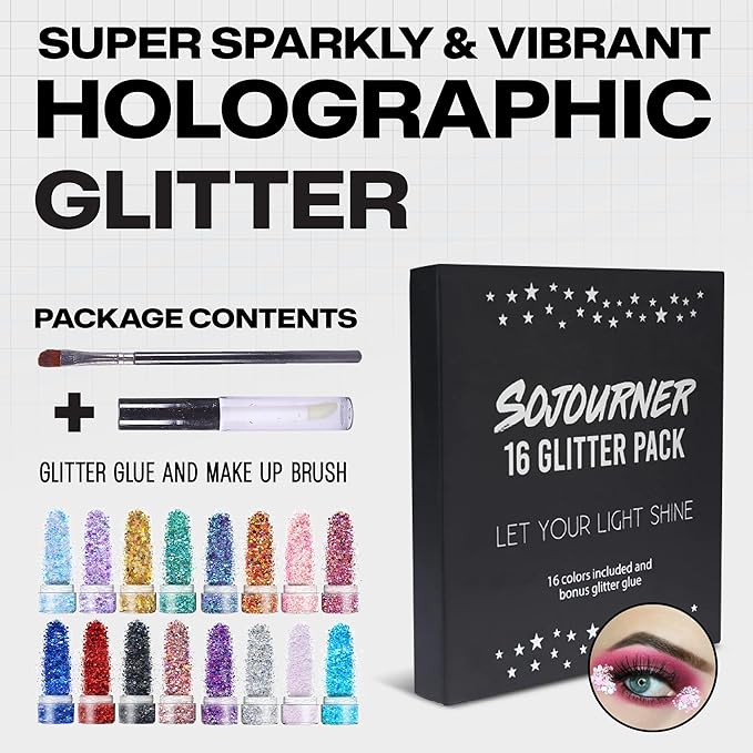 Body Glitter Set for Face & Hair – 16 Colors Chunky Holographic Festival Glitter Makeup with Glue – Rave, Concert, Euphoria Looks, Cosmetic Grade Glitter