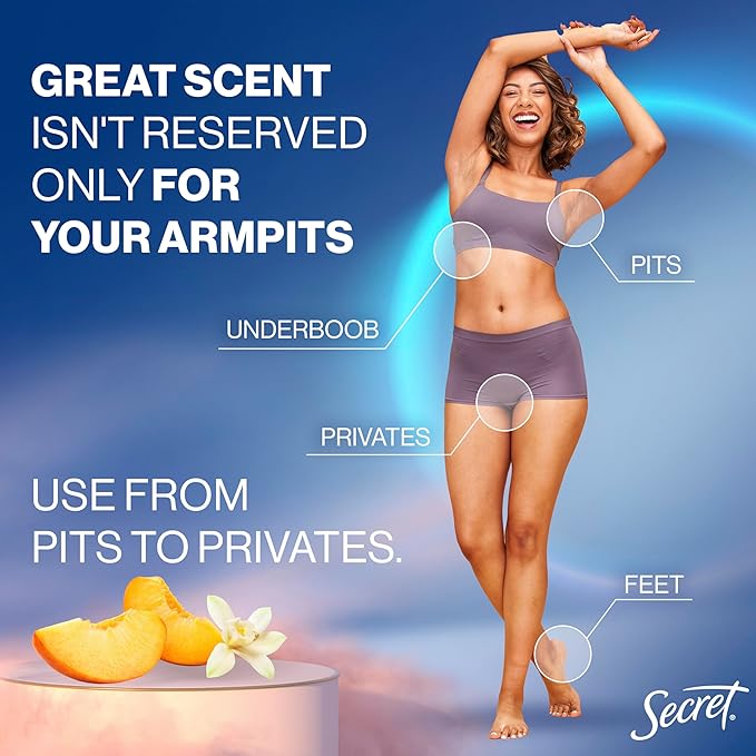 Secret Whole Body Deodorant Stick for Women, Travel Size, Peach & Vanilla Blossom Scent, Aluminum Free Deodorant, 72 HR Odor Protection, 0.5 oz