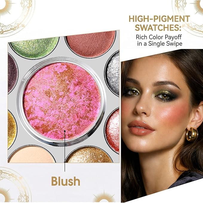 UCANBE Baked Eyeshadow & Blush Palette, High Pigmented Blendable Matte Metallic Shimmer Baked Eye Shadow & Cheek Makeup Palette, Rotating Compact Design Makeup Gift, 01 Medieval Banquet