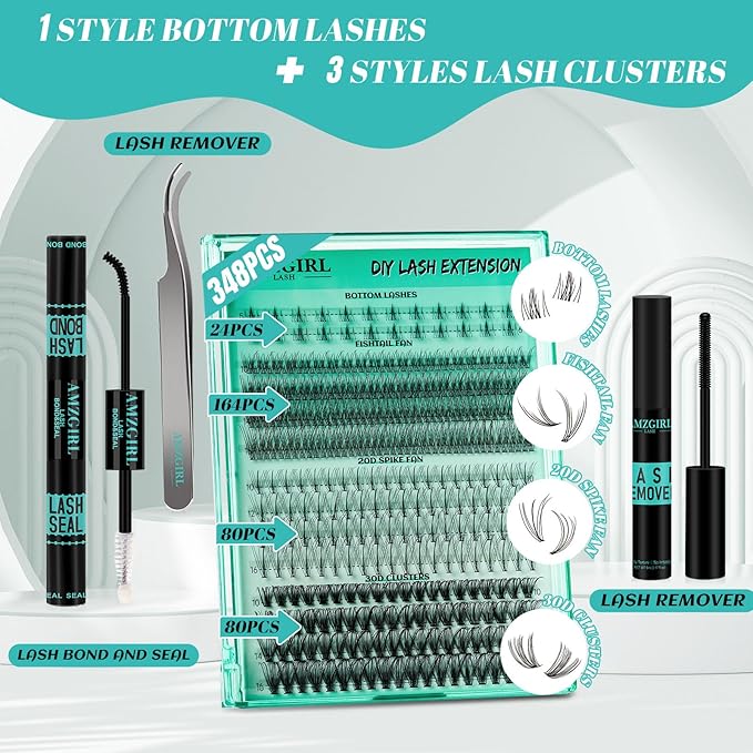 Lash Extension Kit Individual Lash Clusters Kit Bottom Lashes,Fishtail Fan,20D Spike Fan,30D Clusters,Lash Bond and Seal Eyelash Remover and Lash Tweezer DIY at Home by AMZGlRL(D-Mix5-16mm kit)