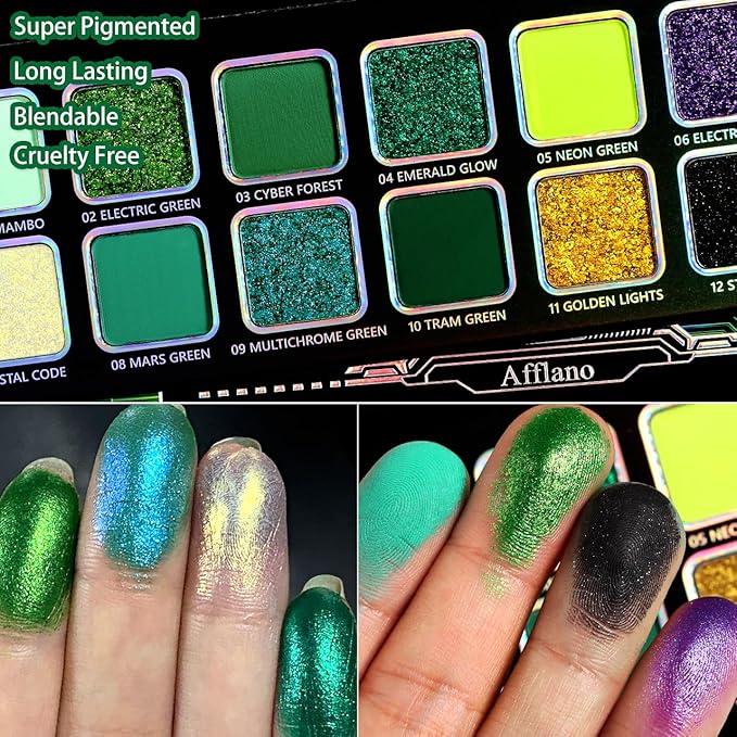 Afflano Multichrome Green Eyeshadow Palette, Color-Shifting Emerald Green Glitter Eyeshadow Pallet, Yellow Lime Teal Chrome Eye Shadow Palette for Women Blue Brown Eyes Makeup Party Daily Goth Look