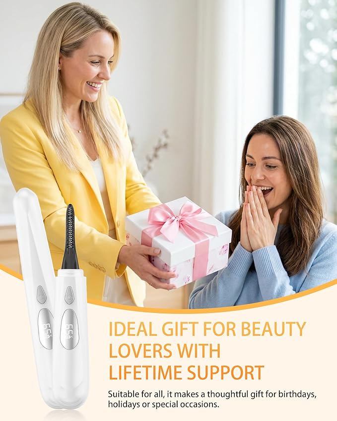 Heated Eyelash Curler for Women - 10s Fast Heating, 4 Adjustable Temp (131℉ - 185℉), LED Display, 24H Long-Lasting Curling Eye Lash Curler, Ergonomic Design, Travel-Friendly Makeup Tool Gift, White
