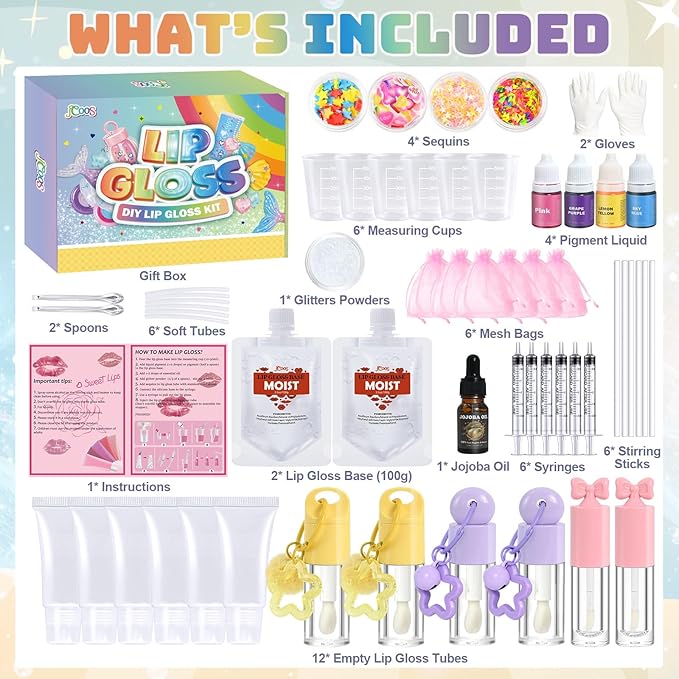 Jcoos Lip Gloss Making Kit, Lip Gloss Set for Women Lip Kit Fun DIY Lipgloss Making Kit, Make Your Own Lip Gloss Kit, Moisturizing Glitter Keychain Birthday Gifts Girls Trendy Stuff