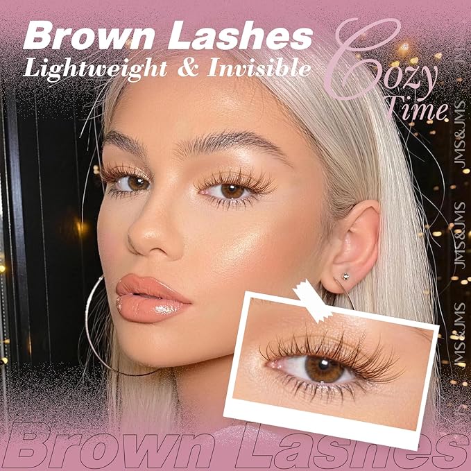 JMS&JMS Brown Lash Clusters Natural Wispy Lash Clusters Brown Eyelash Clusters Clear Band C Curl DIY Cluster Lashes 8-16mm