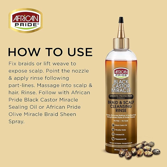 African Pride Black Castor Miracle Braid & Scalp Cleansing Rinse - Removes Build Up & Soothes Scalp, No Frizz, Contains Black Castor Oil, Micellar Water, Coconut Oil, Peppermint Oil, 12 oz (3 Pack)
