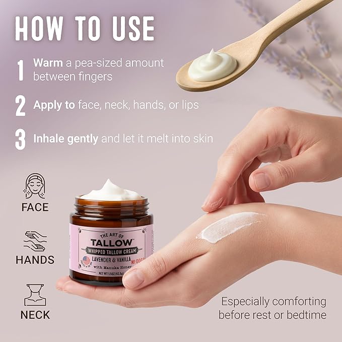 Tallow Face Moisturizer – Lavender Vanilla Beef Tallow for Skin, Whipped Tallow Cream with Manuka Honey & Organic Jojoba Oil, Face Cream, Grass Fed & Finished, Made in USA, 1.5 oz