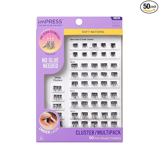 Kiss Impress False Eyelashes, Lash Clusters, Cluster Multipack, 'Soft Natural', 8mm-14mm, Includes 50 Pre-Glued Clusters, Contact Lens Friendly, Easy to Apply, Reusable Strip Lashes