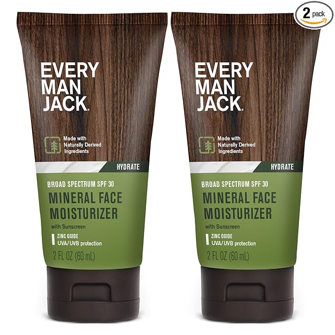 Every Man Jack Men's Mineral Face Lotion w/Broad Spectrum SPF 30 Sunscreen w/Zinc Oxide - Dermatologist Tested UVA/UVB Protection - Daily Moisturizer to Protect & Relieve Dry Skin - 2 Fl Oz (2 Pack)