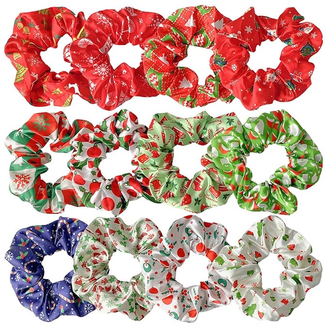 12Pcs Valentine's Hair Accessories for Women Teens Girls Kids, No Damage Satin Hair Scrunchies Red Green White Soft Hair Ties Thick/Thin Ponytail Holders, Party Holiday Stocking Stuffers Gift,BlueZOO