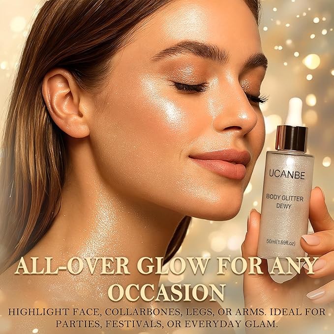 Liquid Glitter Highlighter Glow Drops – Face Highlighter & Body Shimmer Makeup, Illuminating Radiant Glow for Festival Rave Party, Long Lasting 01 Champagne Gold