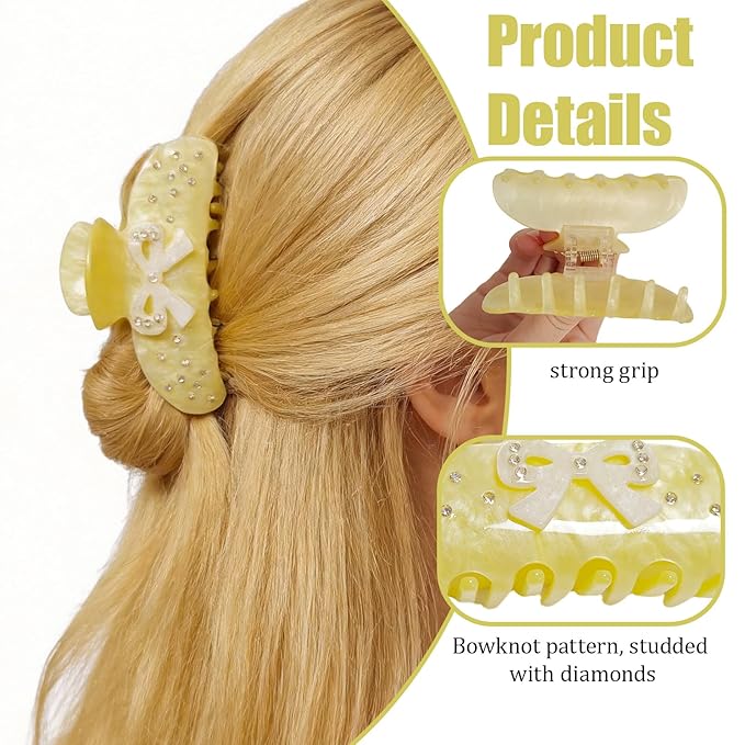 Bow Claw Clip for Women, Non-Slip Sparkling, Pink Cute Extra Large Claw Clips for Thick Hair, Strong Hold Hair Accessories for Workout Party Everyday Use(Yellow)
