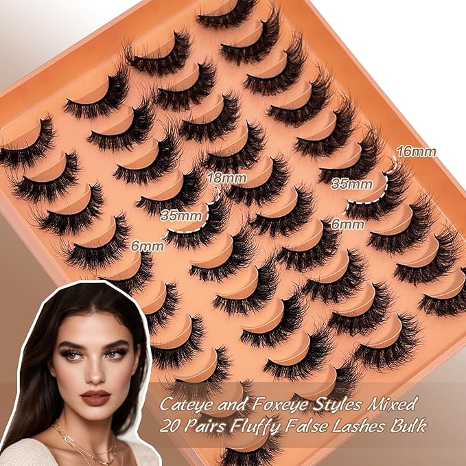 Fluffy Lashes Wispy Mink False Eyelashes Cat Eye Look Faux Mink Full Lashes Strips Dramatic 18mm D Curl Fox Eyelashes Multipack Pack 2 Styles Mixed YH307