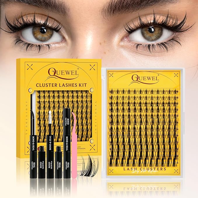 QUEWEL Fairy Lash Clusters Kit, 144PCS Cluster Eyelash Extensions kit with Lash Bond and Seal, C Curve Manga Lash Clusters Natural Look with Invisible Thin Band Easy to Use for Beginners (DJ-FD-D）