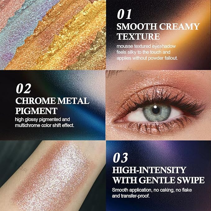 KYDA Chameleon Metallic Eyeshadow, Chrome Shimmer Eye Shadow Makeup, Smooth Pressed Powder Palette with Mirror, High Pigment Soft Eyeshadow, Lasting Glitter Eye Look, 02 Mauve Cyan